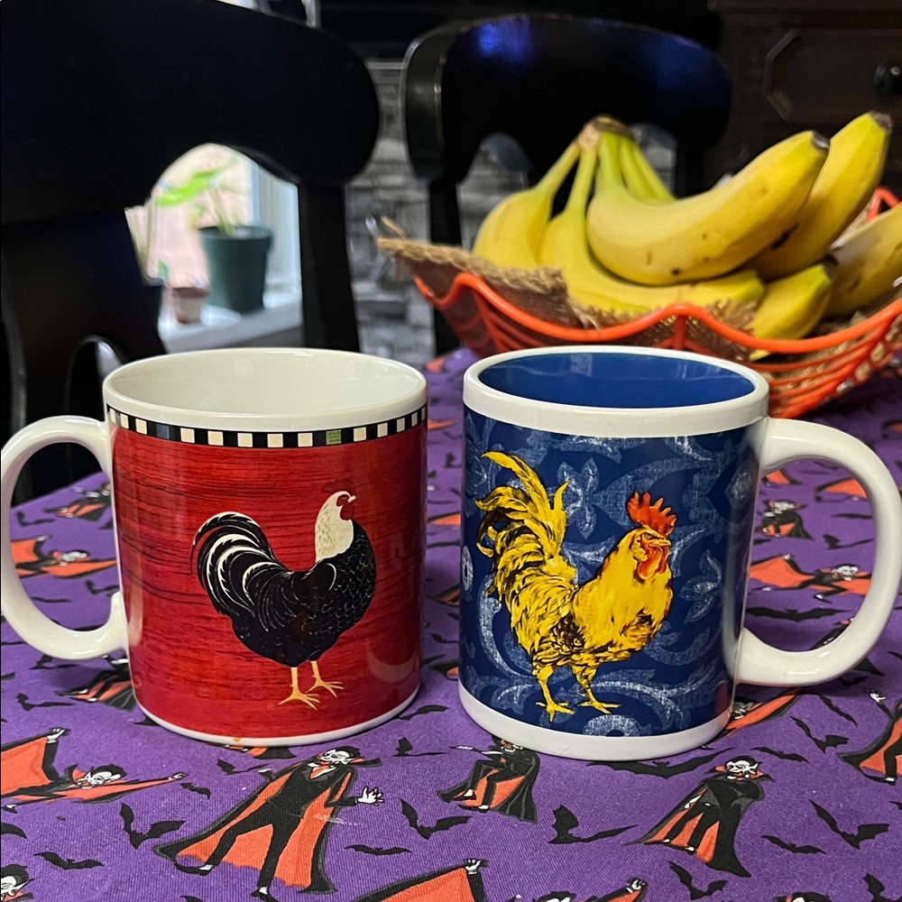 Rooster Themed Ceramic Set of 6 Mugs- Red and Blue